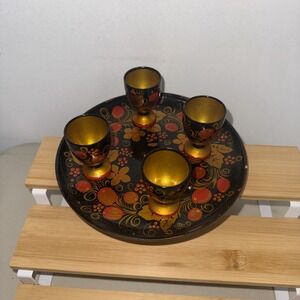 Hand Painted Russian Plate Cups Set Light Weight Wood